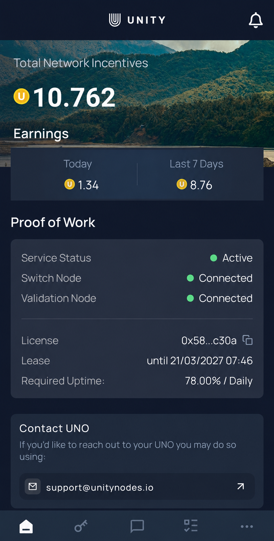 Example Unetwork app screen showing UP balance, recent earnings, and active node status