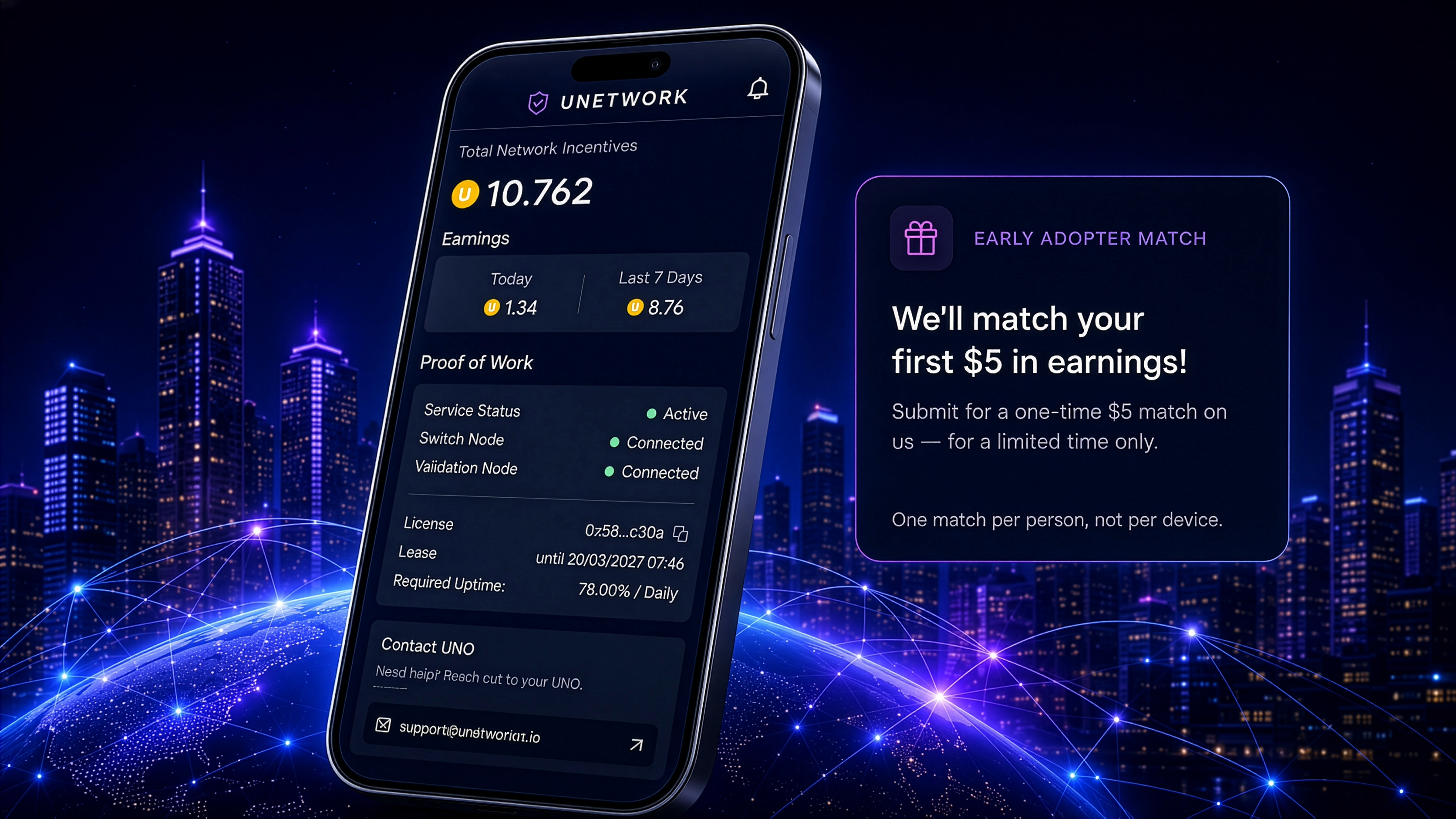 Unetwork app dashboard on a phone with Early Adopter Match offer